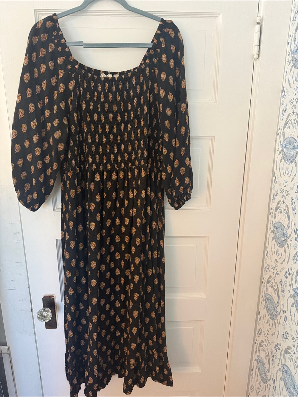 Fat Face Black Midi Dress with Gold Paisley Print